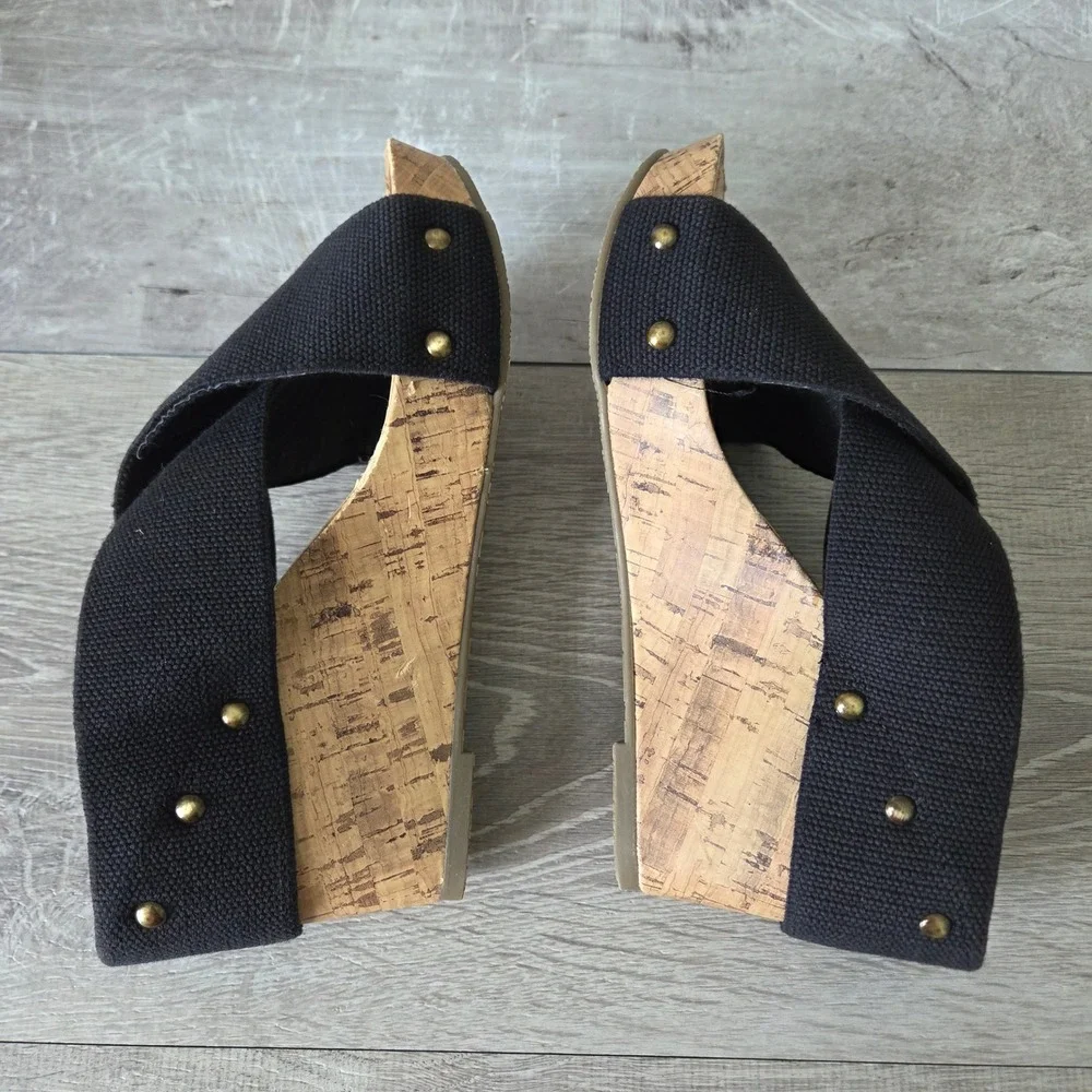 Esprit Womens 7 Black Canvas Studded Cork Wedge Platform Sandals Y2K Boho Slides